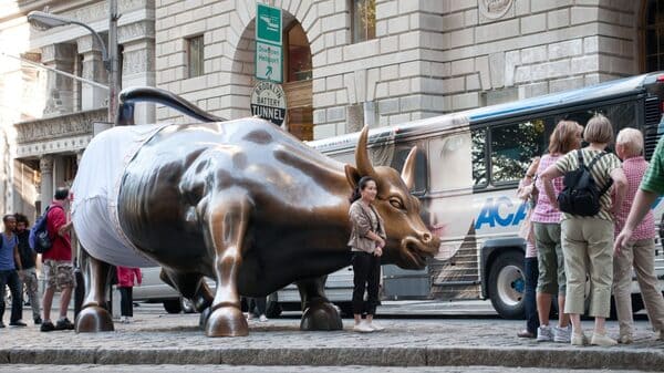 charging bull statue wearing briefs