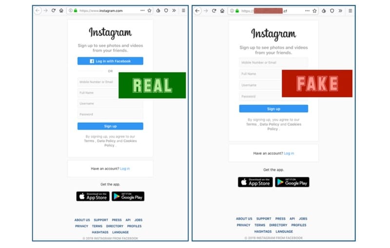 instagram phishing: real vs fake screens