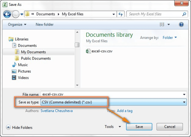 choosing the CSV format when saving in excel