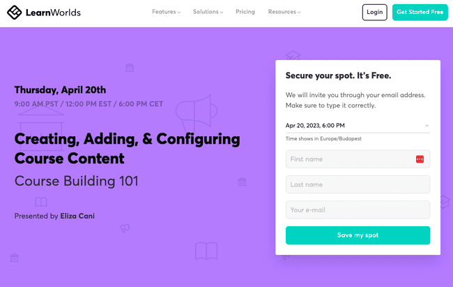 Learnworlds webinar landing page