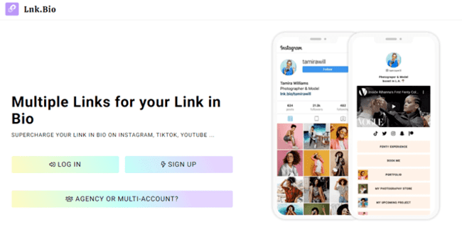 Lnk.bio bio link service for Instagram signup page